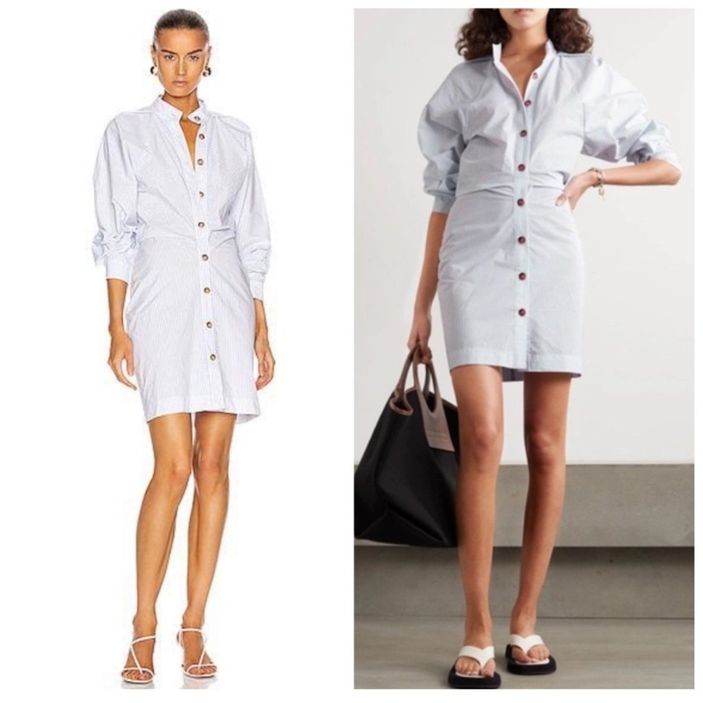 Nanushka Violet Pinstripe Shirt Dress Blue White Large Gathered Waist Mini